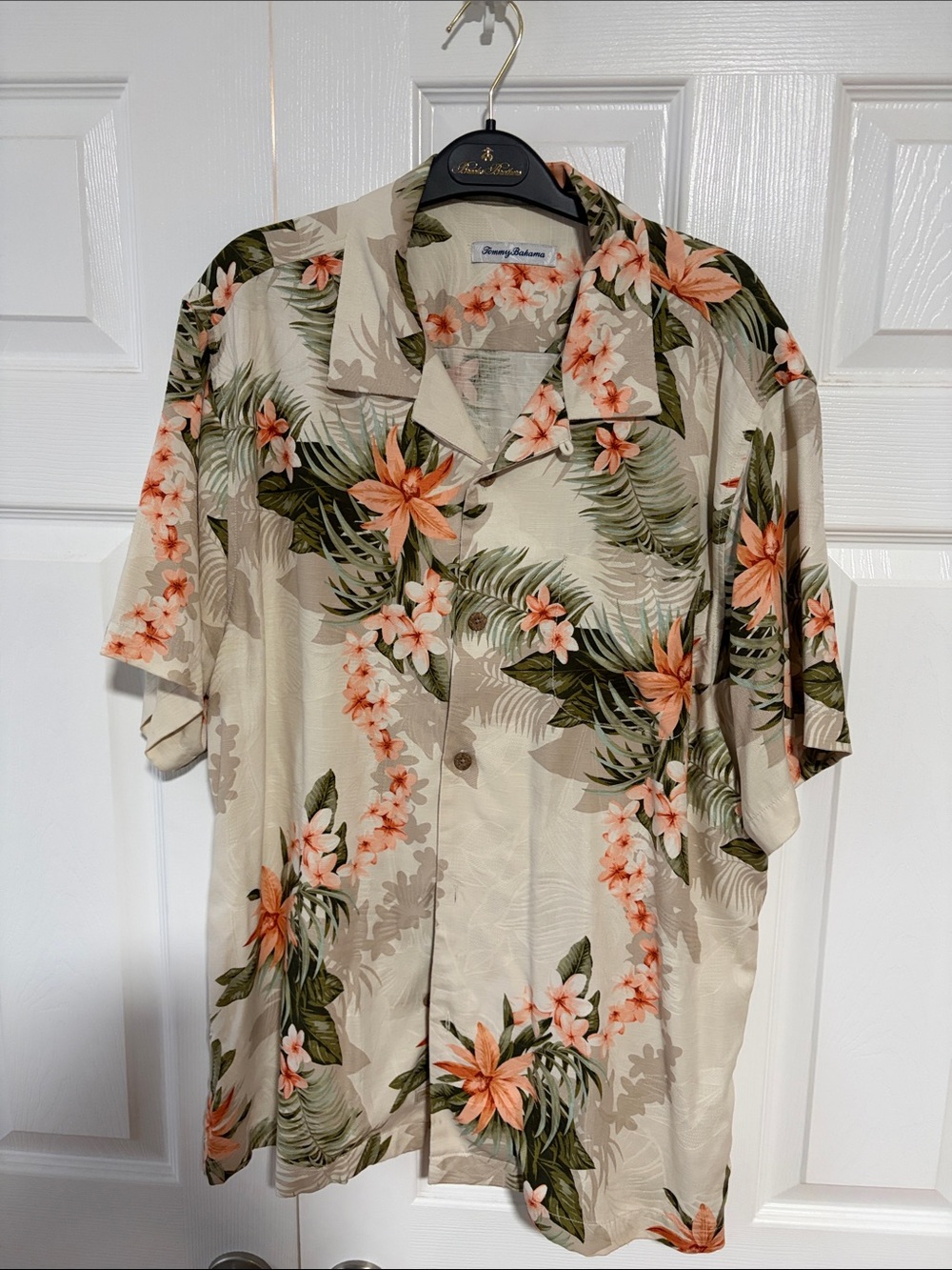 Tommy Bahama Cream Floral Hawaiian Camp Shirt with Orange Flowers